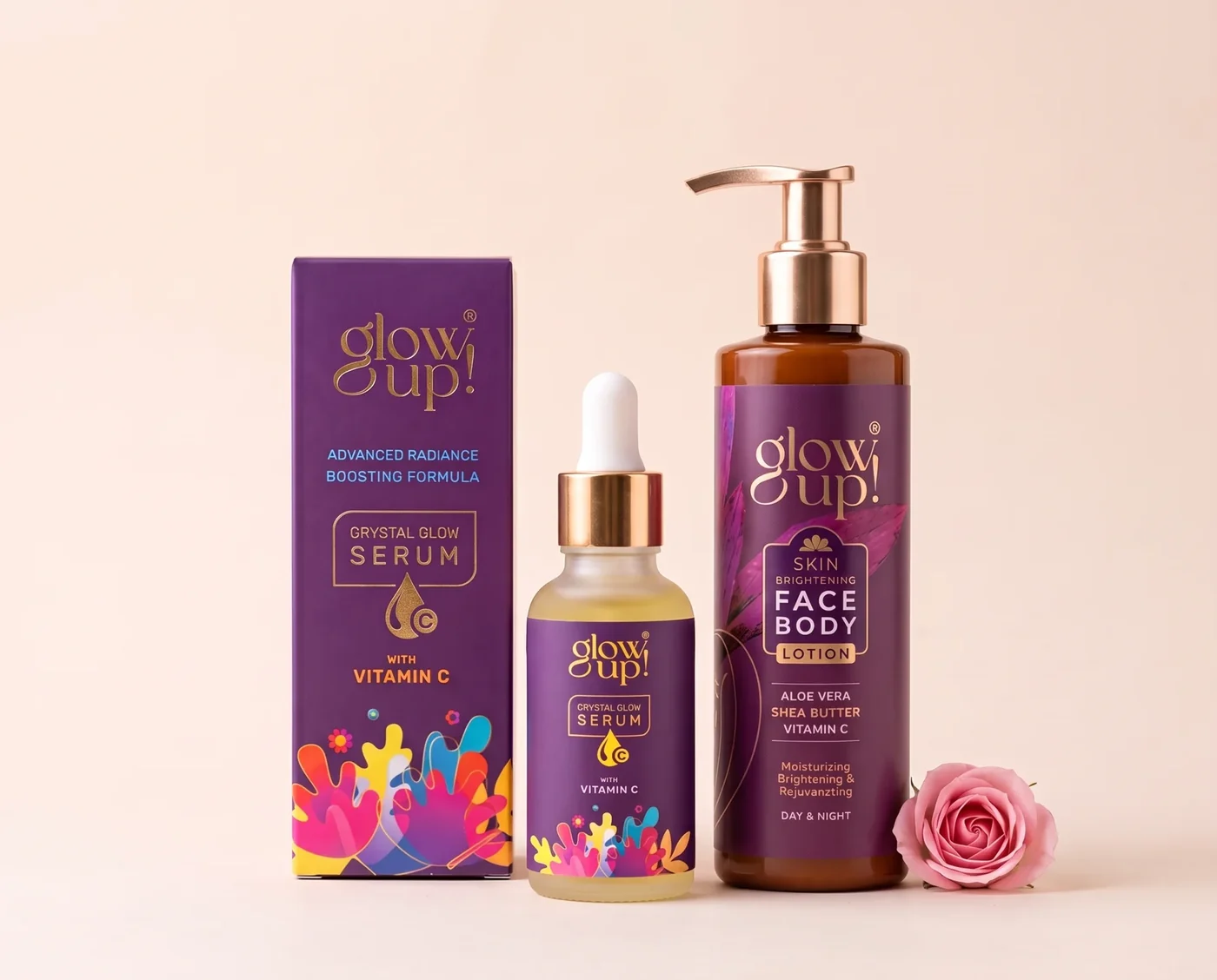 Glow Up serum, serum box and Face and Body Lotion arranged together